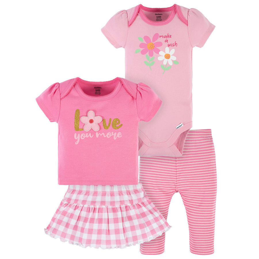 4-Piece Baby Girls Summer Blossom Onesies® Bodysuit, Tee, Skort & Pant Set-Gerber Childrenswear