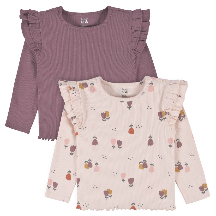2-Pack Infant & Toddler Girls Burgundy Floral Double Ruffle Tops